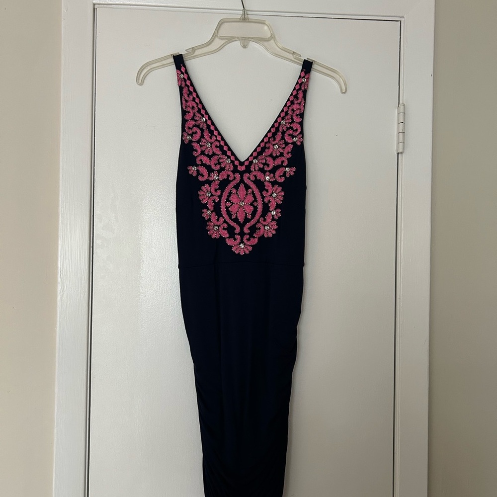 INC International Concepts Navy Dress with Pink Embroidery